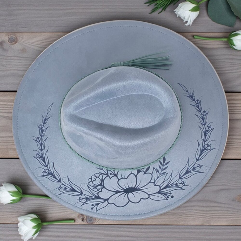 Vegan Suede Wide-Brim Hat – Laser Engraved Bluebell Floral Design